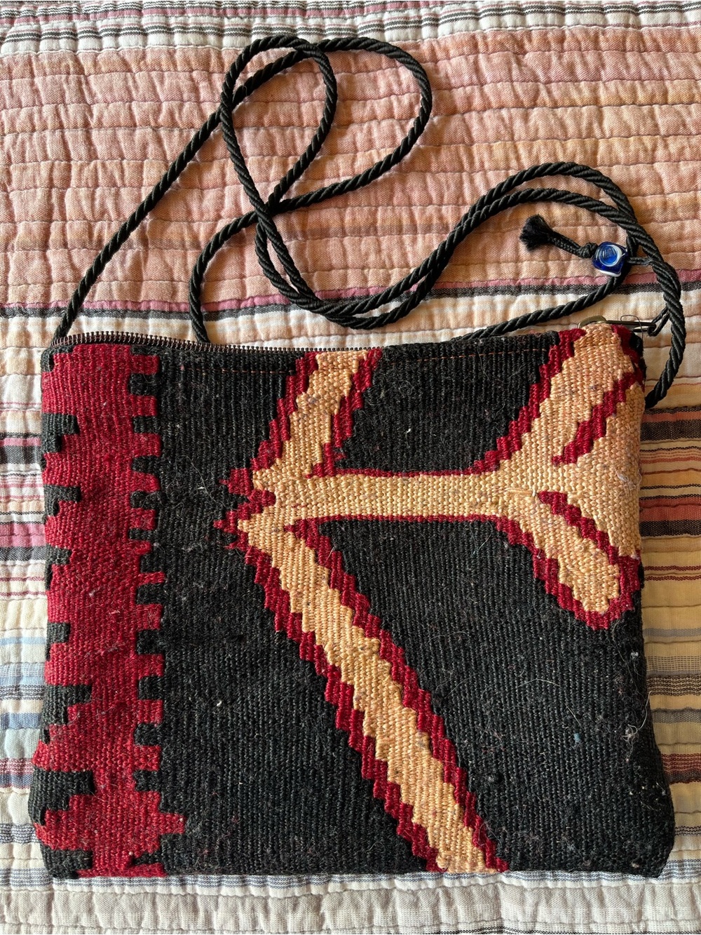 Made in Turkey Kilim Style Woven Crossbody Bag Black Red Tan